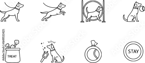 Dog training icons set. Outline set of dog training vector icons for web design isolated on white background
