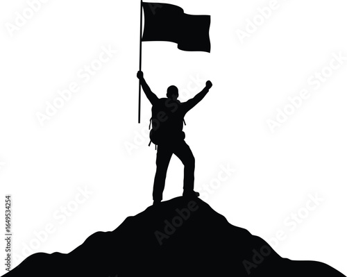 Silhouette of Man with Flag on Mountain Peak, Achievement Concept