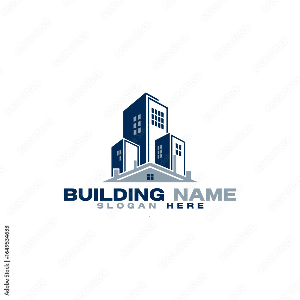 Fototapeta premium Real estate building logo design with house and skyscrapers isolated on white background