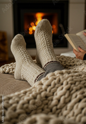 A person's feet in textured socks are propped up on a thick, soft blanket in front of a warm, glowing fireplace, as they hold a book
