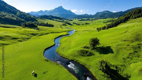 Vivid Swiss landscape with pure river stream. Scenic helvetian vista immaculate waterway vibrant alpine scenery crystalline brook tranquil nature idyllic canton pristine current