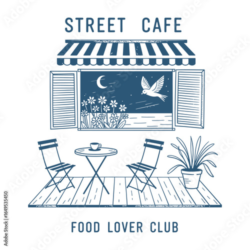 Charming Street Cafe Illustration with Open Window and Food Lover Club Text