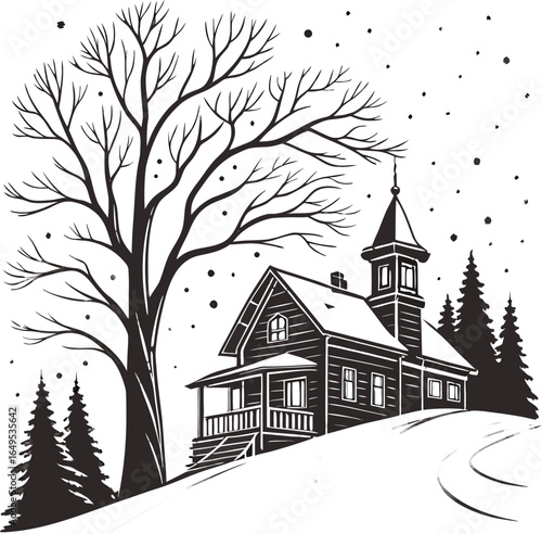 A beautiful winter landscape with a cozy house and a charming church, nestled among snow-covered trees, creating a perfect Christmas village scene