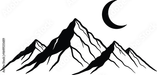 Mountain silhouette with moon on a white background, nature scene