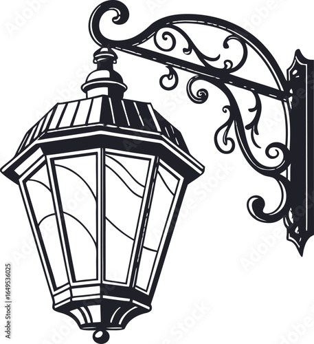 Old vintage street lamp: metal birdcage design with glass, post, and warm light silhouette