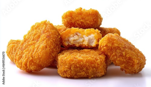 Pile of golden-brown, breaded chicken nuggets, some with bites taken out, against a plain white background