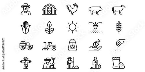 Modern Line Icons: Farming, Agriculture, Rural Life, Simple Style, Clean Design, Black and White.