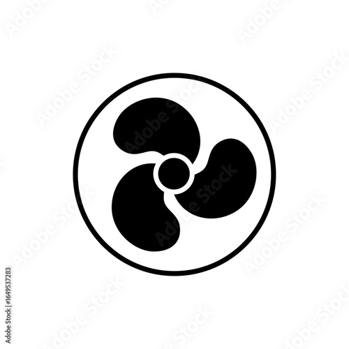Fan propeller symbol with three blades enclosed in a circle, representing airflow, cooling, and ventilation. Perfect for HVAC, air circulation, and mechanical engineering vector projects.