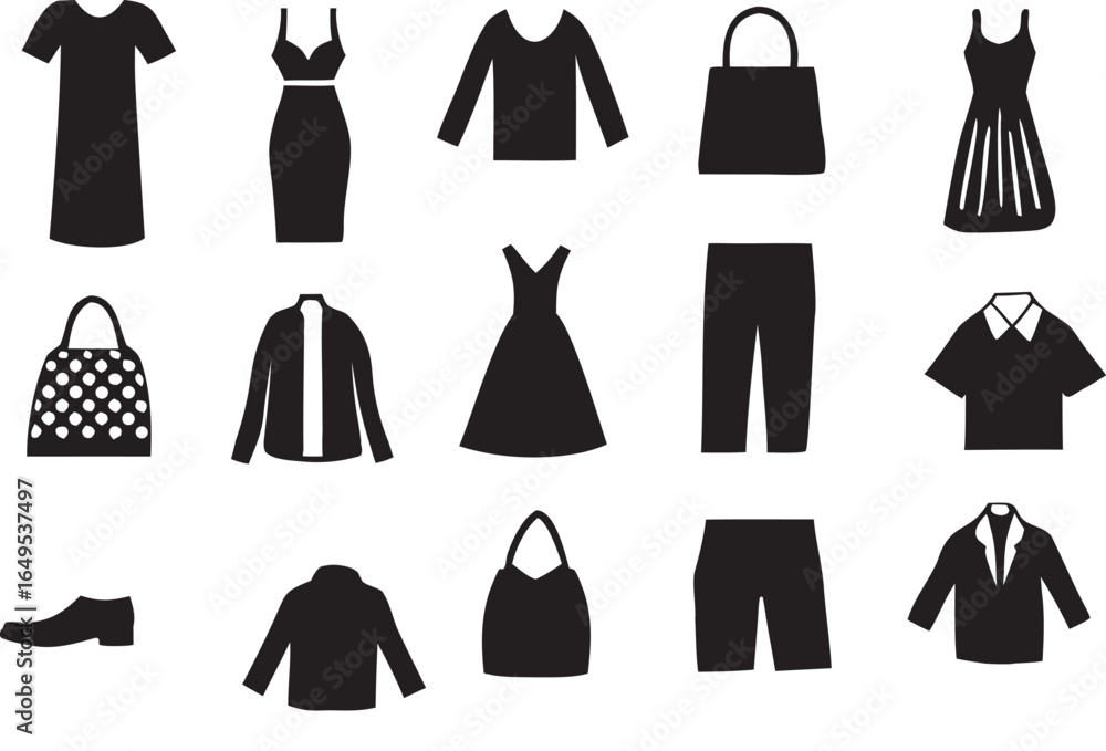 Collection of Black Clothing and Accessories Icons for Fashion Design and Style Guides Modern Black and White Silhouette Collection of Black Clothing and Accessories Icons for Fashion Design and Style Guides Modern Black and White Silhouette