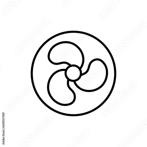 Fan propeller symbol with three blades enclosed in a circle, representing airflow, cooling, and ventilation. Perfect for HVAC, air circulation, and mechanical engineering vector projects.