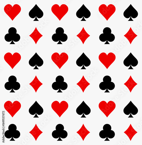 Seamless pattern of playing card suits including hearts, spades, clubs, and diamonds in red and black, representing casino, gambling, poker, and card game concepts.