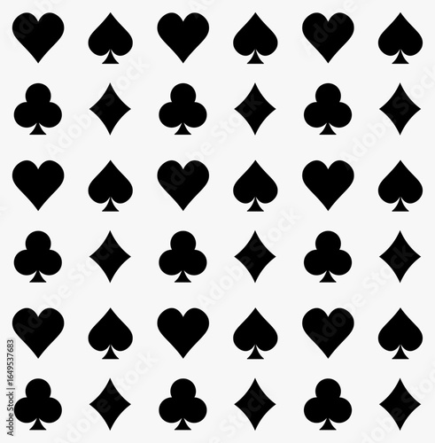 Seamless pattern of playing card suits in solid black, featuring hearts, spades, clubs, and diamonds, ideal for casino, poker, and gambling designs.