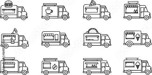 Food truck icons set. Outline set of food truck vector icons for web design isolated on white background
