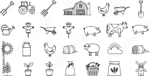Farmer icons set. Outline set of farmer vector icons for web design isolated on white background
