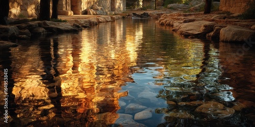 Tranquil river reflecting golden light near ancient ruins in a peaceful natural setting
