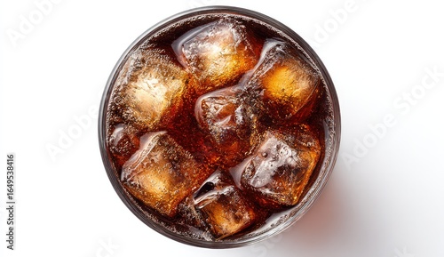 High-angle view of a glass of brown soda with ice cubes