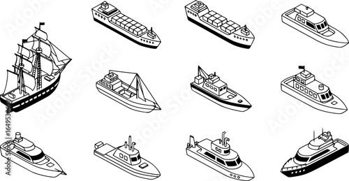 Ship and boat icons set in isometric 3d style. Sailing elements set collection vector illustration
