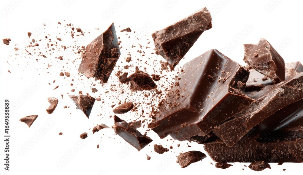 Fototapeta premium Dark chocolate chunks explode in mid-air, isolated on white
