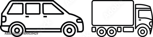 Illustrative Depiction of a Minivan and Box Truck, Outlined in Black and White, Featuring Simple Shapes and Design Elements, Presenting Transportation Graphics