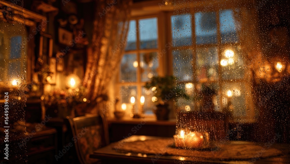 Fototapeta premium Warm, dimly lit room seen through a rainy window