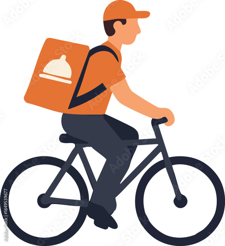 A flat vector illustration of a food delivery courier riding a bicycle with an orange delivery backpack.