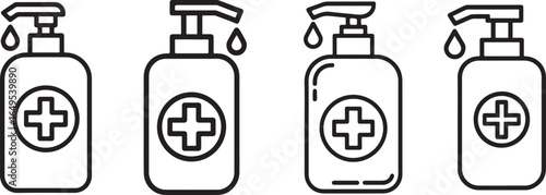 Four hand sanitizer bottles with medical cross symbol line art