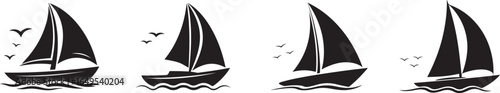 Four black sailboats with birds flying above them on a white background