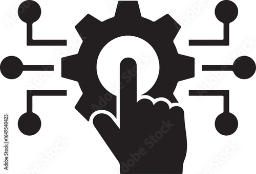 Hand touching a gear with digital connections representing technology and automation