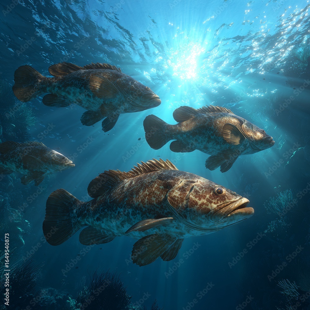 Fototapeta premium Underwater Scene with Several Fish Swimming in Clear Blue Water