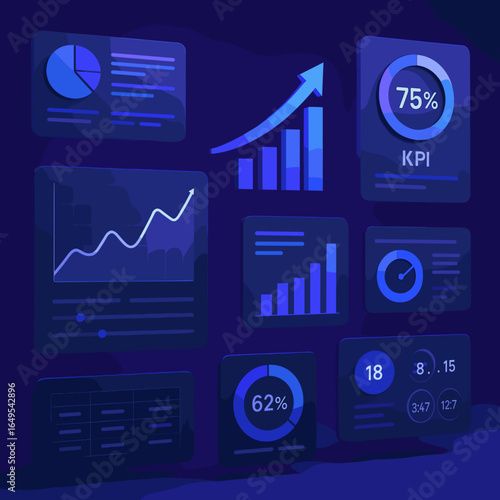 Data analytics dashboard with charts and KPI metrics in a modern dark blue design