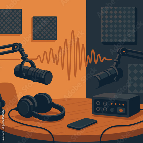 Podcast recording setup with microphones, headphones, and audio equipment in a studio environment