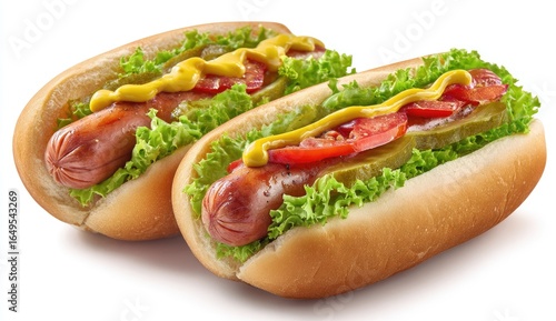 Two hot dogs in buns, topped with lettuce, sliced tomatoes, dill pickles, and yellow mustard