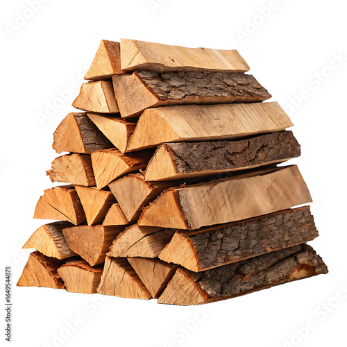 Neatly stacked pile of seasoned firewood logs isolated on transparent background