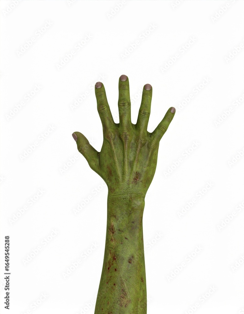 Obraz premium Elevated Alien Hand with Green Textured Skin and Fingers on White Background