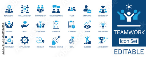 Teamwork and Collaboration solid icon set. Contains symbols for business partnership, strategy, success, and management. Flat vector design for corporate presentations and workflow.