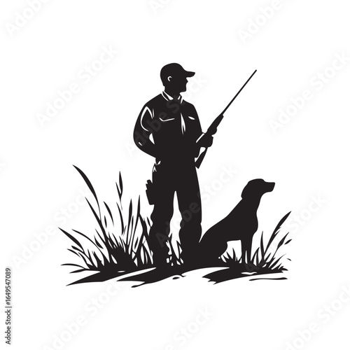 a hunter with a dog silhouette, Hunter with dog silhouette, bond in nature, hunting dog silhouette, hunting with dog vector illustration art