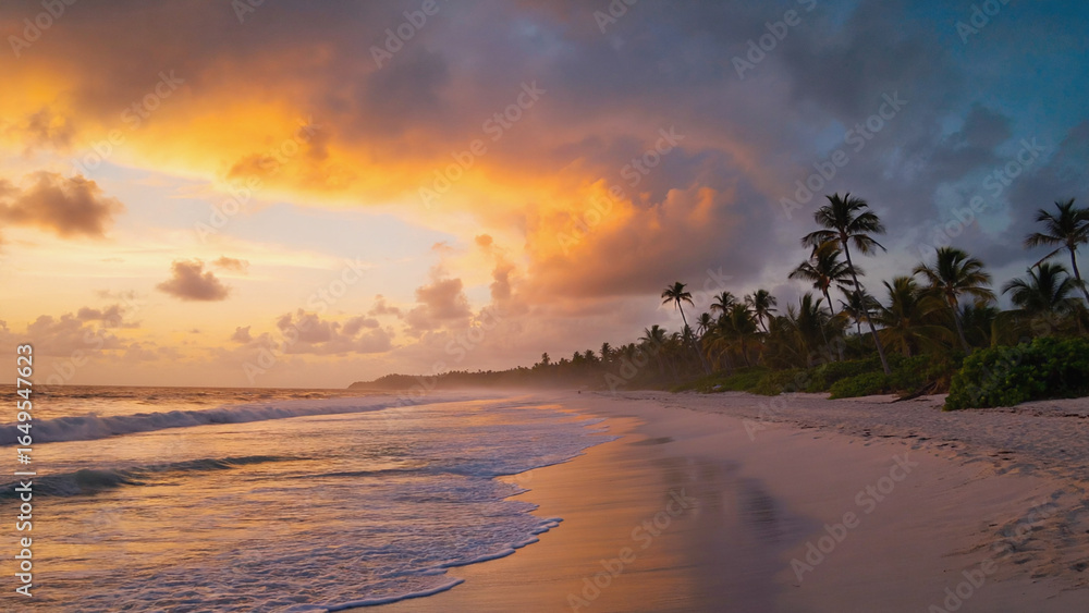 Obraz premium Tropical Beach with Golden Sunrise Sky and Palms Reflected in Wet Sand