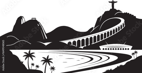 Rio de Janeiro Brazil Skyline Silhouette Vector Illustration with Christ and Sugarloaf