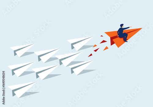 Business leader pilots an orange paper airplane soaring ahead of a fleet of white paper airplanes symbolizing forward thinking and innovation