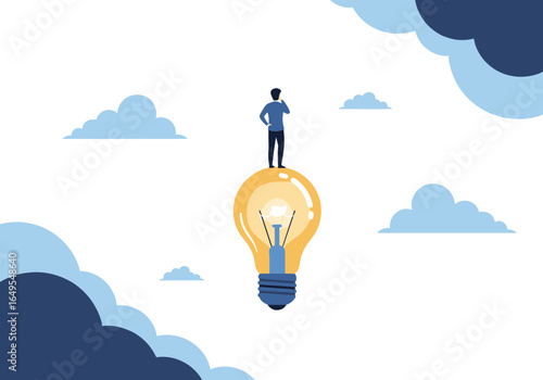 A man stands on a glowing lightbulb symbolizing innovation and new ideas among the clouds