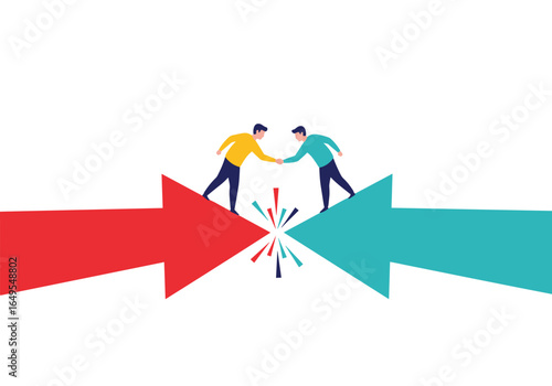 Two businessmen shaking hands over opposing arrows symbolizing agreement and collaboration after conflict