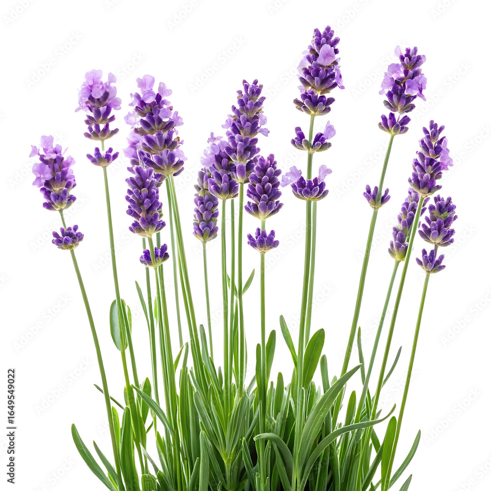 Naklejka premium A cluster of vibrant purple lavender flowers with green stems and leaves isolated on transparent background