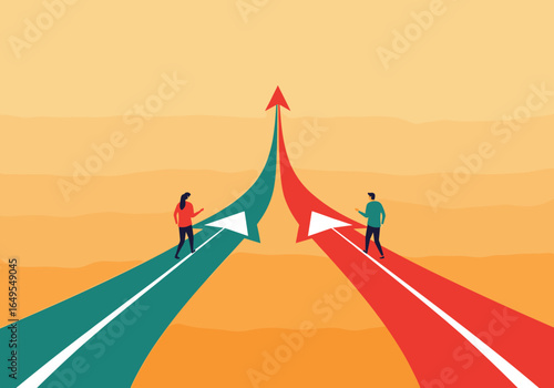 Two individuals moving forward towards a unified shared goal symbolized by converging arrows and upward direction