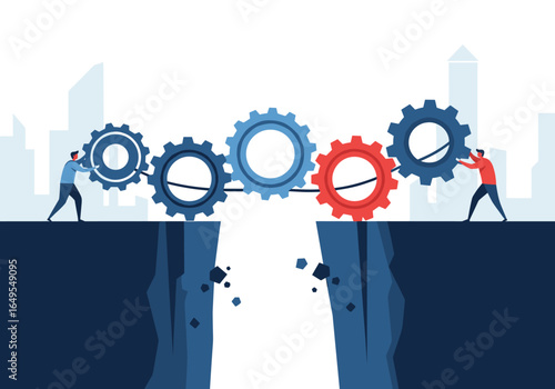 People connecting gears across a chasm symbolizing teamwork collaboration business solutions and strategy