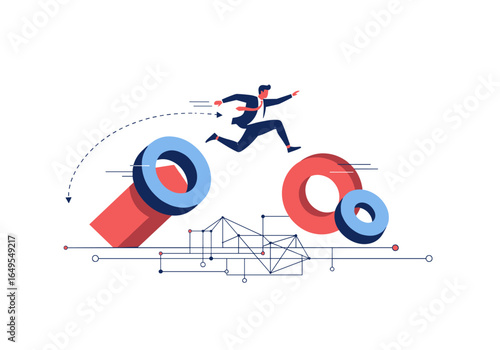 Businessman jumping over obstacles represents overcoming challenges and achieving success in business