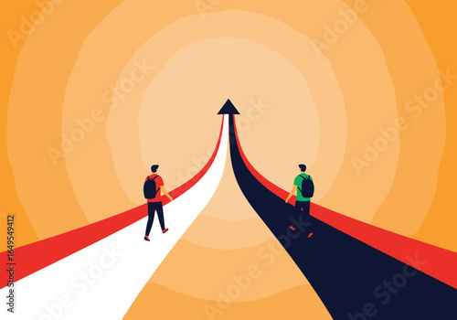 Two individuals walking on separate paths that merge into a single upward arrow symbolizing collaboration and shared progress towards a common goal