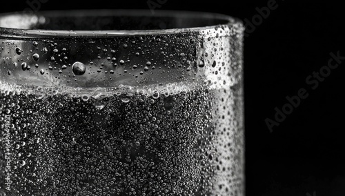 Close-up of a glass of fizzy drink, wet with condensation