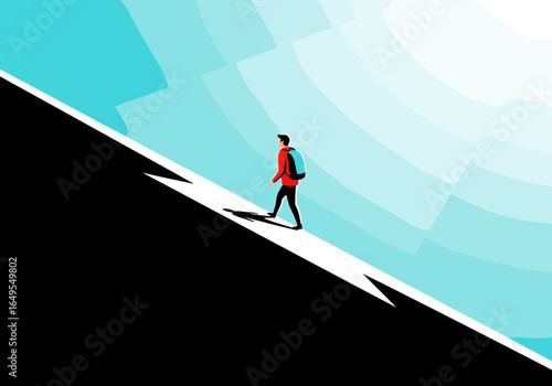 A lone hiker with a blue backpack climbs a steep incline towards a bright, radiant light source with a shadow stretching out behind them