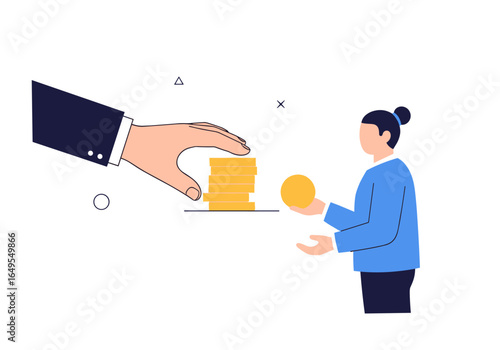 Financial transaction illustration showing hand giving coins to another person representing business and investment