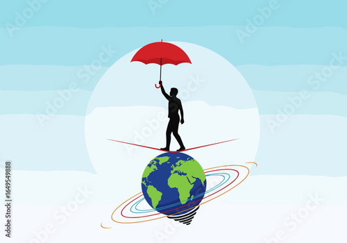Global risk management balancing act with an umbrella for safety and stability